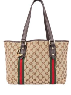 Gucci Beige GG Canvas Tote with Brown Leather and Green-Red Web